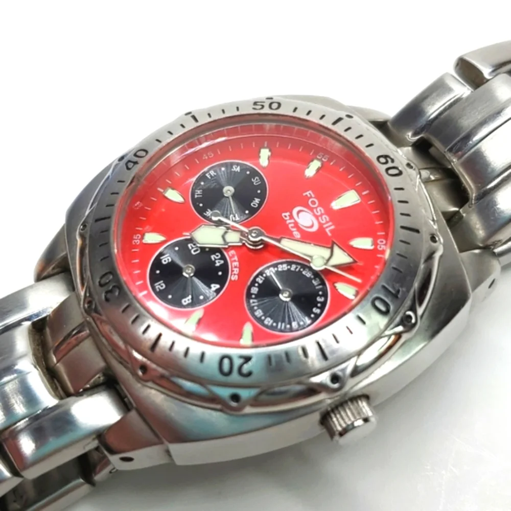 Fossil Blue Watch B9152 Silver Steel Wristband Red Face Chronograph Wat…